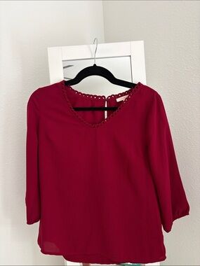 Skies Are Blue Berry V-Neck Blouse with Eyelet Neckline